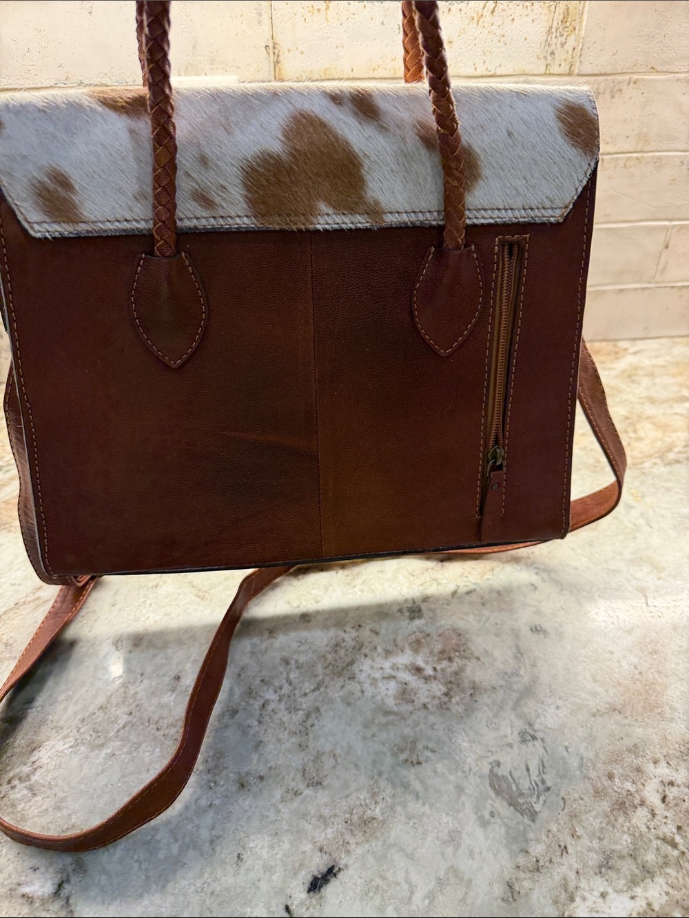 Cowhide Two-Tone Brown & White Braided-Handle Satchel - Picture 4 of 8
